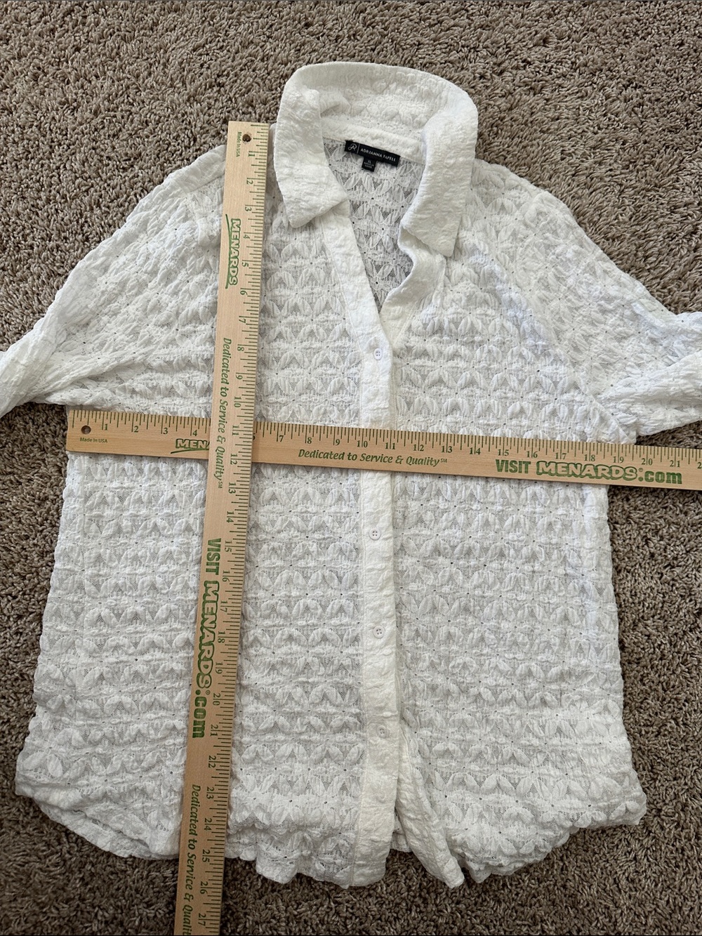 Adrianna Papell White Textured Lace Button-Up Collared Top. Size XL. - Picture 5 of 9